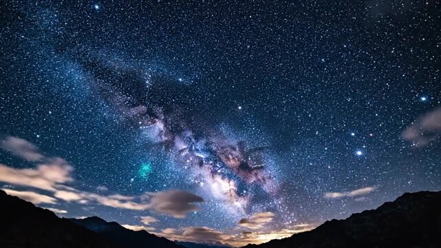 Beautiful night sky filled with clouds and shining stars. Perfect for filmmakers and content creators needing dramatic celestial backgrounds, cinematic transitions, or moody ambient video loops.