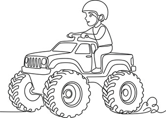 Cute Kid Riding Monster Truck Coloring Page Vector Illustration with Cartoon Off Road Vehicle Adventure Design © NURUL