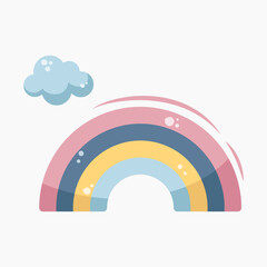 Fototapeta premium Cute pastel rainbow with glossy highlights and soft cloud in kawaii style. Part of nursery collection. Perfect for baby design, kids decor, prints, invitations, stickers, and branding. Isolated on whi