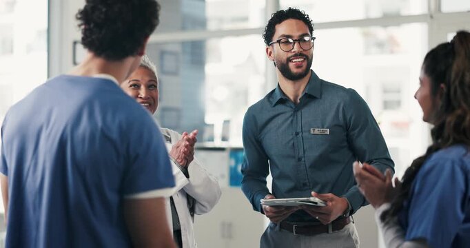 Administrator, handshake and meeting with applause for medical care, internship and support in hospital. Healthcare team, people and shaking hands with digital tech, nurse and promotion in clinic