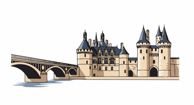 A picturesque castle with multiple turrets and a long, arched bridge over water