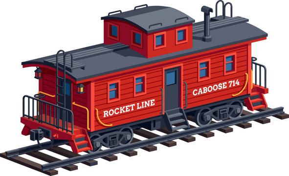 Red railway caboose car resting on train tracks