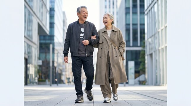 밝은 거리를 걸으며 웃고 있는 트렌디하고 활기찬 시니어 아시아인 부부