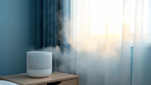 A white humidifier releases mist into a room. Soft light filters through sheer curtains.