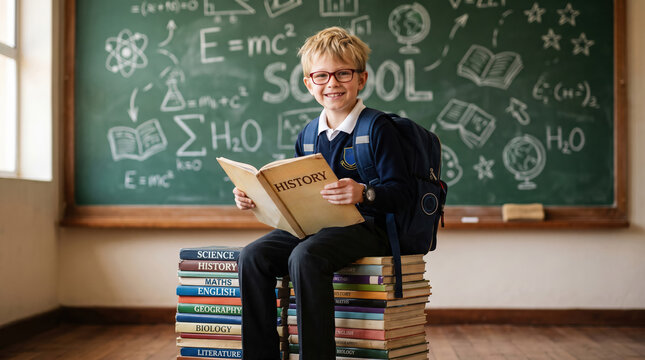 Smiling Schoolboy Reading History Book in Classroom