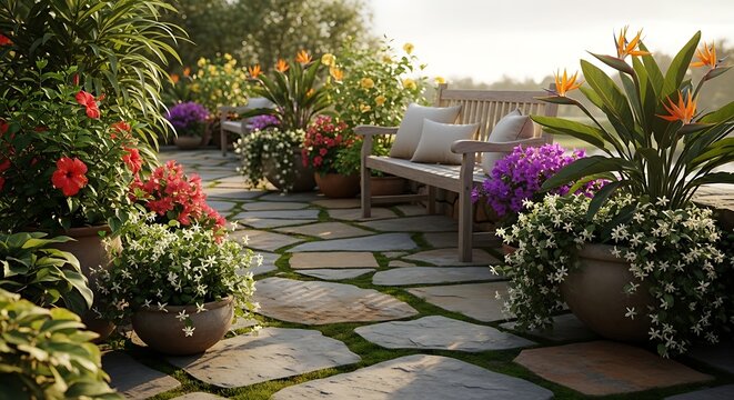 A beautiful and vibrant outdoor patio garden with flagstone path, lush potted plants, and a wooden bench for relaxation.