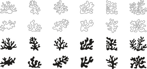 Minimal coral reef icon collection featuring ocean branch silhouettes in outline and solid styles. Decorative marine graphics suit aquarium branding tropical themes and underwater nature projects.  © Parul