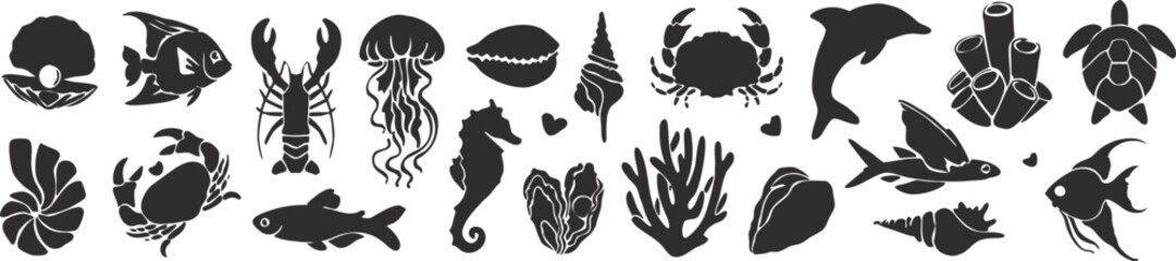 Marine animal silhouette collection featuring sharks octopus crab turtle and tropical sea life icons. Bold underwater graphics suit aquarium branding ocean themes and coastal design projects. Modern  © Parul