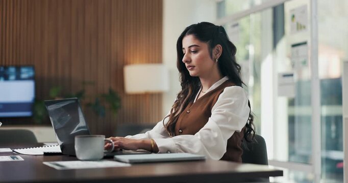 Typing, business or woman with laptop in office, financial model or earning report for valuation. Proposal, pc or equity analyst with research for investment prospect, market evaluation or serious