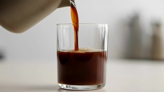 A stream of dark liquid is being poured from a ceramic pitcher into a clear glass, showcasing a moment of refreshment and simple elegance.