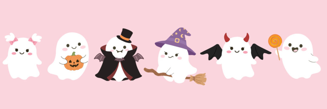 Halloween ghost collection with spooky characters in various costumes including witch with broom vampire with cape devil with horns and pumpkin holder isolated on sweet pink background