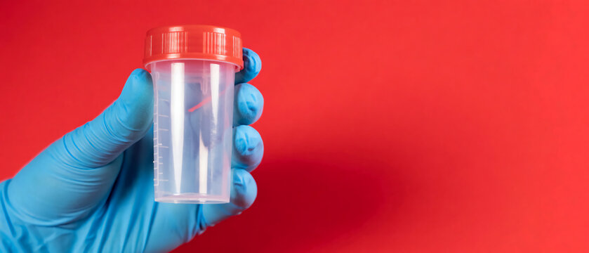 A gloved hand holds an empty, transparent plastic specimen container with a red screw-cap and measurement markings, set against a vibrant, solid red background.