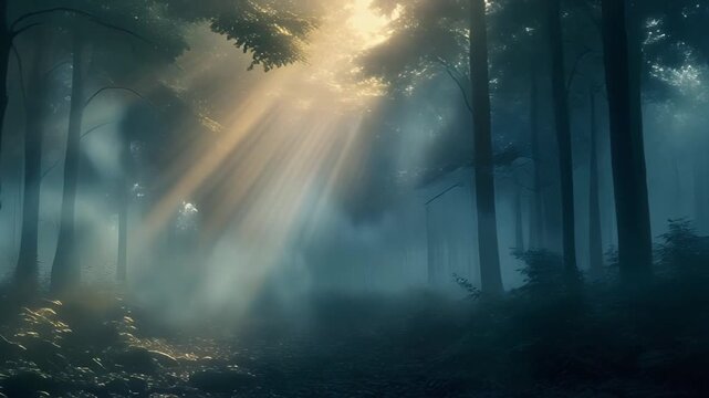 Ethereal Cinematic Background of Dense Morning Mist Drifting Slowly Through Forest Trees