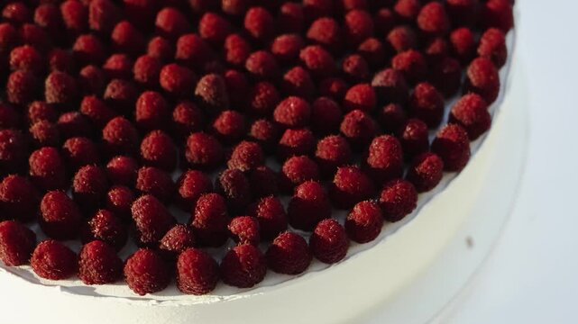Macro shot of wedding cake with raspberries on top in close up view. Delicious sweet white dessert with fresh red berries topping texture for bakery or wedding reception celebration in 4k slow motion.