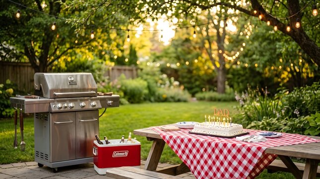 Cozy backyard garden setup with a grill and picnic table