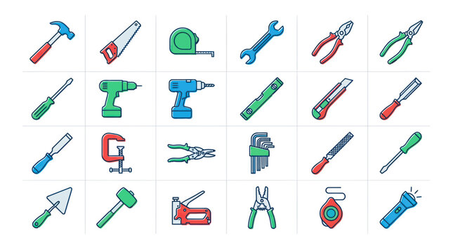 Construction and Repair Hand Tools Icon Set