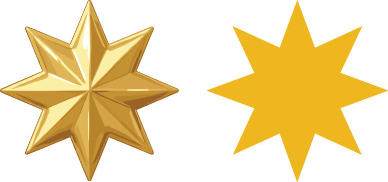 Golden Eight Pointed Star Icon Set with Realistic 3D Faceted Metallic Star and Flat Yellow Silhouette Shape Vector Illustration for Awards and Festive Media Designs