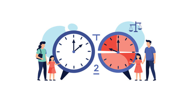 Shared custody concept depicts parents and children standing next to a large split clock representing time management.