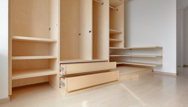 Modern Custom-Built Plywood Walk-in Closet with Drawers and Shelves, Minimalist Interior Design for Organized Storage