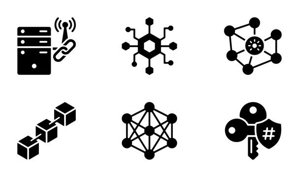 Digital Network Icons: Blockchain, Server, Security