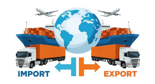 Global Trade, Import Export, Logistics Icons, Transportation Symbols, Business Vector