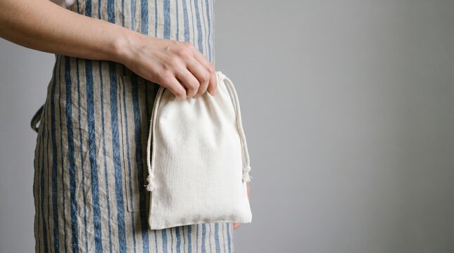 Person in striped apron holding a white fabric drawstring bag. Sustainable zero waste lifestyle and eco-friendly shopping concept, horizontal with copy space.
