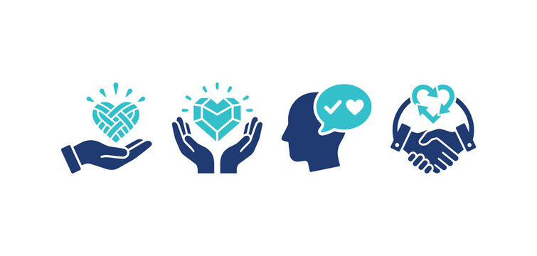 Human Core Values Icon Set. Kindness, Empathy, Charity, Mental Health, Trust, Partnership, and Social Care. Vector Illustration