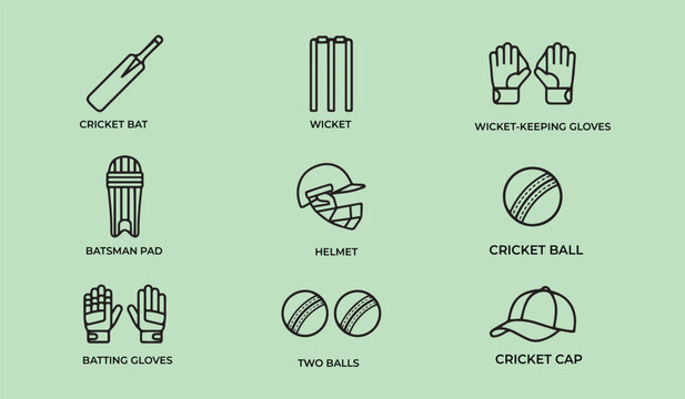Cricket Equipment Icons: A collection of clean, minimalist line icons representing various essential cricket gear, including a bat, wicket, gloves, helmet, ball, and cap.