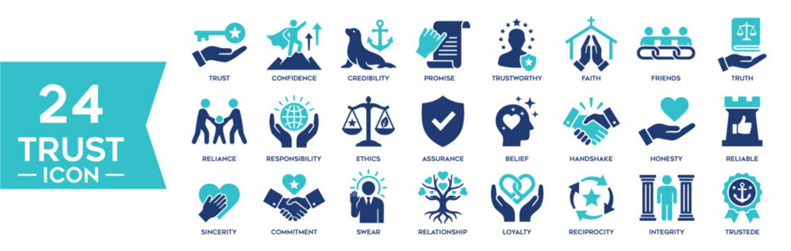 24 Trust and Business Ethics Icons Set. Trust, Confidence, Credibility, Reliability, Integrity, Commitment, Loyalty. Editable Vector Solid Illustration