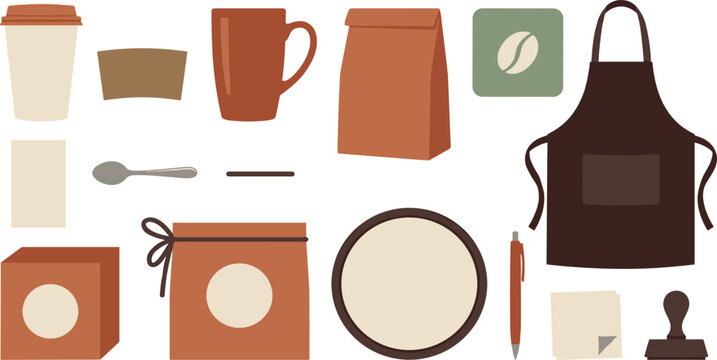 Coffee Shop Branding Mockup Collection Featuring Takeaway Cups Apron Packaging Mug Labels and Cafe Identity Accessories for Business Design
