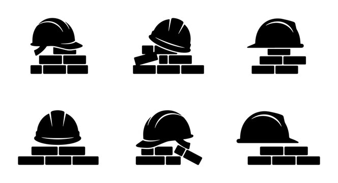 Construction worker helmets on brick walls icons