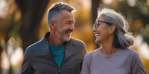 Obraz premium Joyful older couple laughing together outdoors in warm autumn sunlight