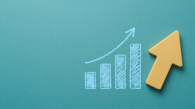 Yellow 3D arrow pointing up next to a white chalk bar graph on blue background, business growth and financial success concept, top view with copy space.