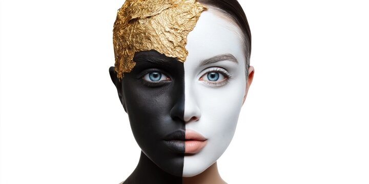 Striking portrait of a woman's face split between black and white makeup with gold leaf accent