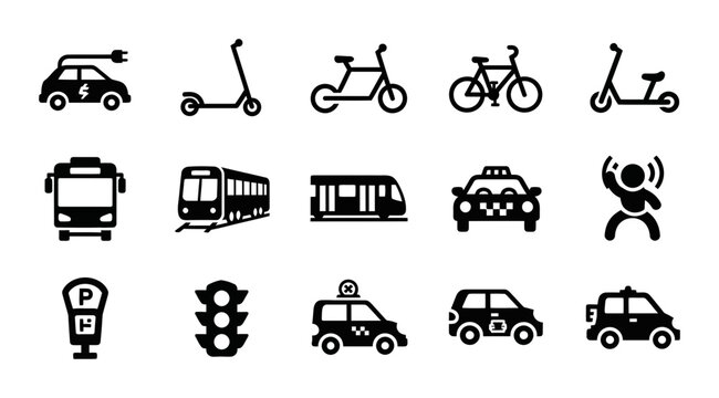Urban Mobility Icons: Electric Car, Scooters, Bikes, Bus, Train, Taxi, Parking Meter, Traffic Light