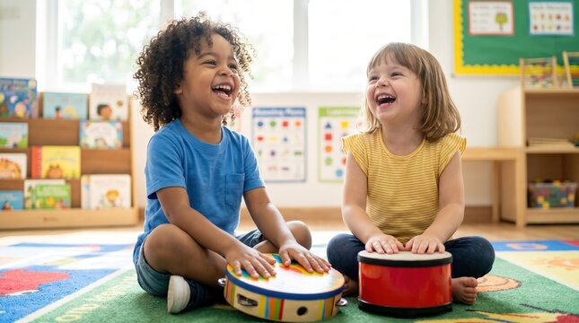 Two diverse preschool children laughing while playing toy drums on a classroom rug, early childhood music education and joyful learning concept.