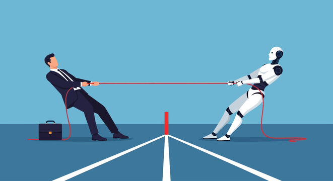 Businessman, robot, tug of war, technology vs human, office conflict, innovation struggle, vector illustration