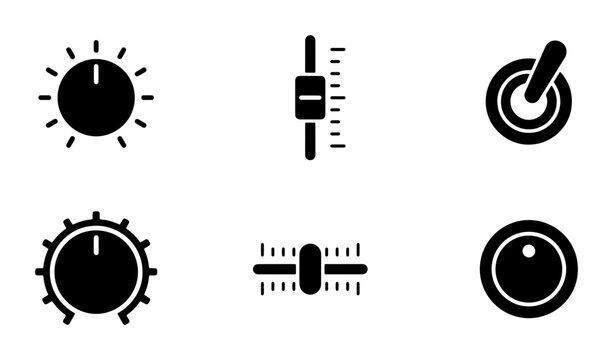 Audio Control Knobs and Sliders, Volume Dials, Sound Mixer Interface Icons, Vector Set