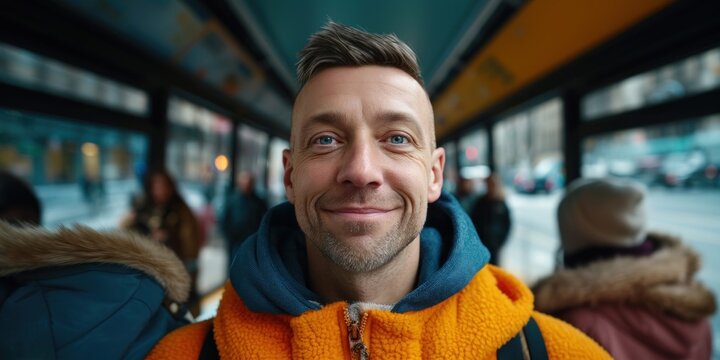 Close-up of a happy man in his late thirties standing inside a public transport vehicle