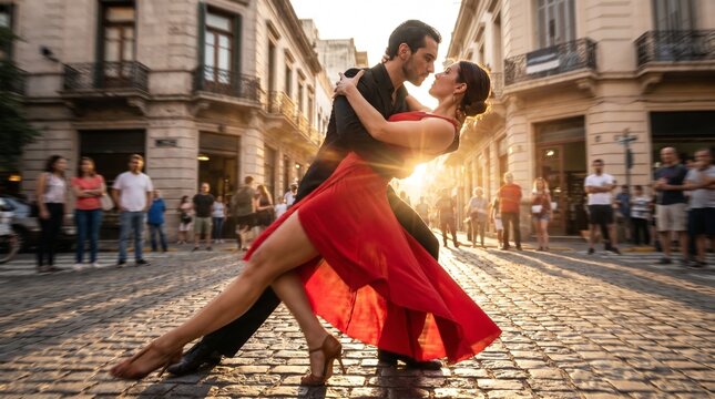 Couple dancing tango on a cobblestone street at sunset