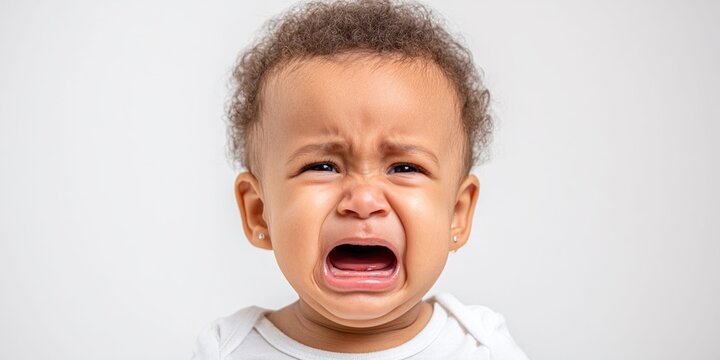Close-up of a distressed baby with curly hair crying intensely against a white background