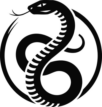 Black snake coiled in circle symbol isolated on transparent background