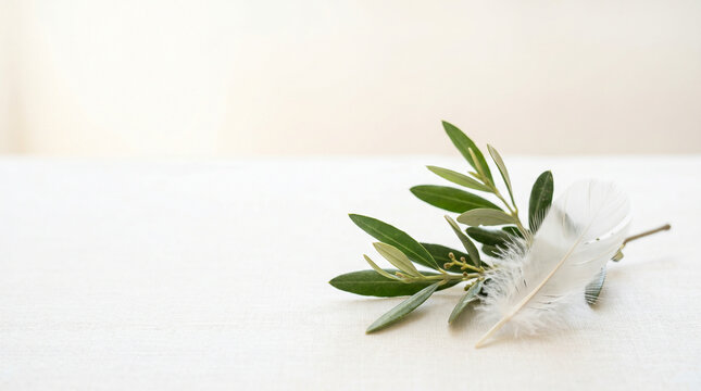 Minimal peace symbol with olive branch and feather