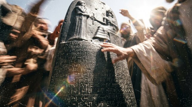 Ancient Babylonian stone stela with cuneiform script and figures, surrounded by people