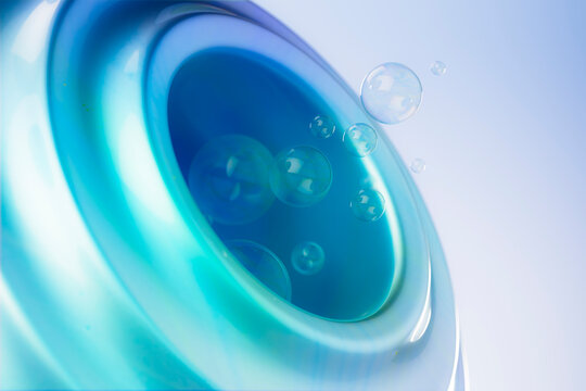 3D teal bubble vortex inside translucent glass curves