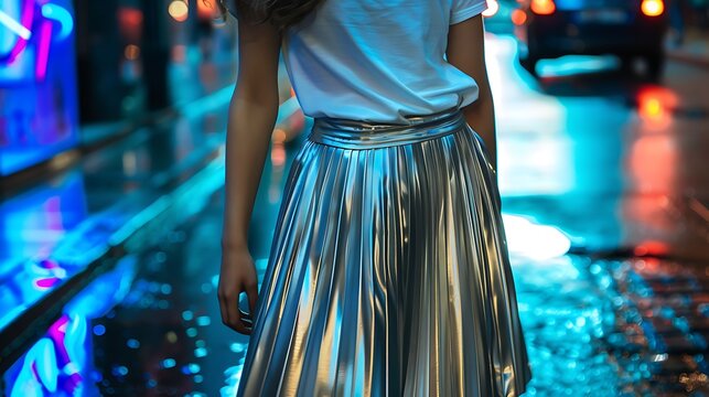 Stylish metallic silver pleated skirt outfit with minimal white top