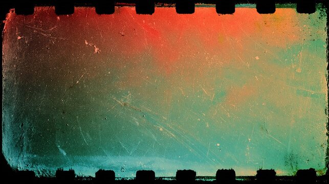 Retro analog vintage film grain texture backdrop with red‑to‑green color transition, worn surface marked by scratches, dust and imperfections, dark rectangular film perforations along top and bottom e