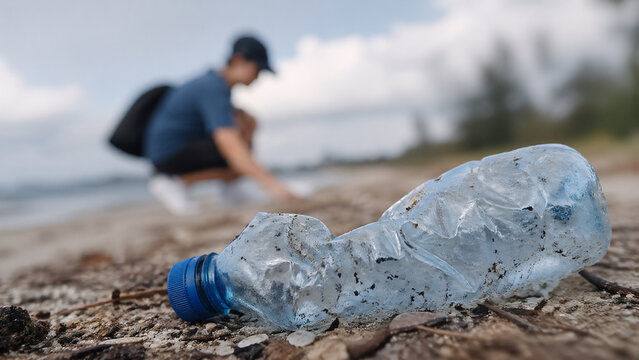 Plastic bottle pollution on a sandy beach with a volunteer cleaning up the environment in the blurred background.