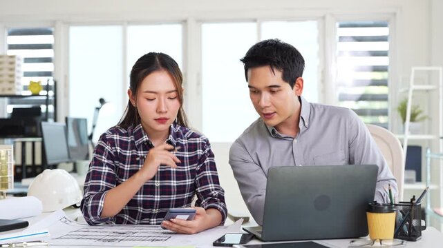 Architecture, design engineers, and architects converse in the office, demonstrating collaboration between civil engineering architect designer team in the workplace, brainstorming for a project.