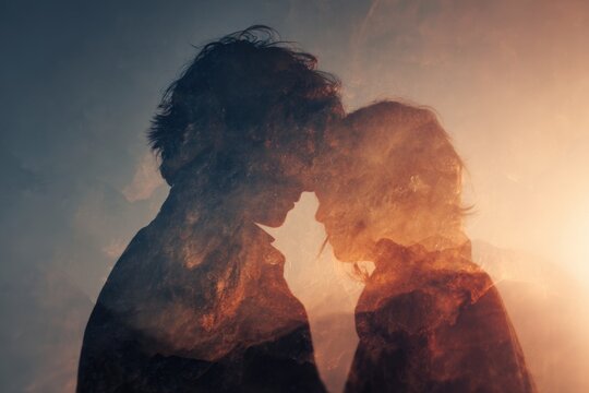 Double Exposure Couple Silhouette Forehead Touch Romantic Background